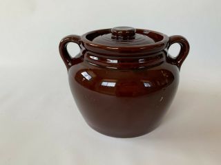 Vintage Classic Brown Glazed Stoneware Bean Pot With Handles,  Lid And Recipe