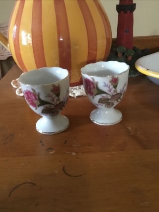 L&m Bond Fine China Japan Pink Moss Rose Set Of 2 Egg Cups With Gold Trim
