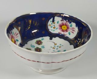 Antique Late 19thc Gaudy Welsh Cobalt Blue Floral Hand Painted Footed Bowl