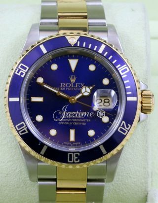 Rolex Submariner Blue Index 40mm 18k Yellow Gold Stainless Steel No Holes 16613