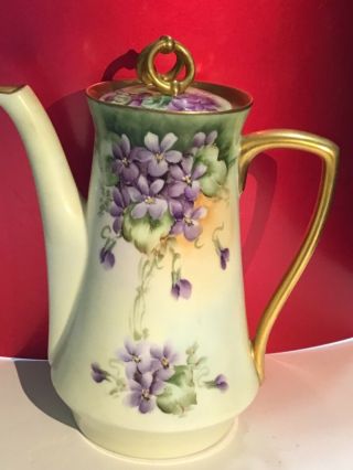 Antique Bavaria Chocolate Coffee Tea Pot,  Violets,  9 1/2 " Rare Cover