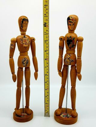 Vintage 33cms Tall Unusual Pair Tattooist Tattoo Folk Statues Posable Figures