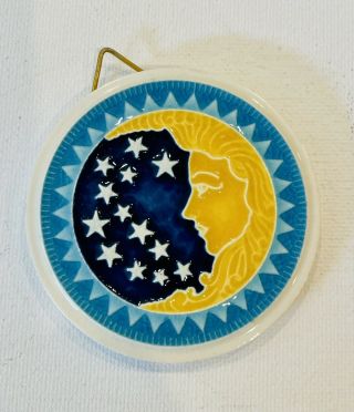 Vintage Star And Moon Hand Painted Ceramic Art Wall Plaque 2.  25”x2.  25”