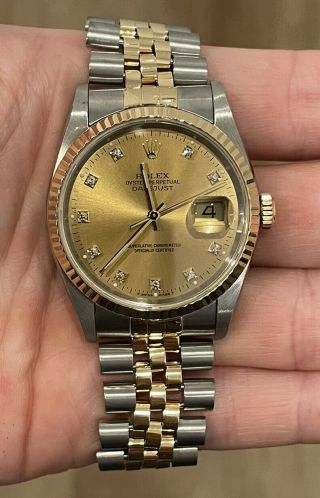 Rolex Datejust Steel & 18k Gold Champagne Diamond Dial 16233 W/ Service Papers