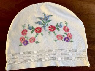 Vintage Hand Embroidered Cream Cotton Tea Cosy Cover 13.  5x11 Inches