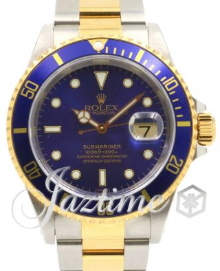 Rolex Submariner Blue Two - Tone 18k Yellow Gold Steel Holes Case 40mm 16613