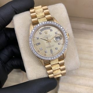Rolex Day Date President Mens 18k Gold 18078 Bark Diamond Watch Dial W Box