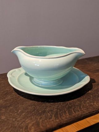 Taylor,  Smith & Taylor Luray Pastels Blue Green Gravy,  Sauce Boat W/ Underplate