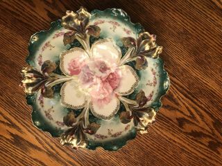 Antique Rs Prussia Green And Pink Scalloped Ruffle 10 " Floral Serving Bowl