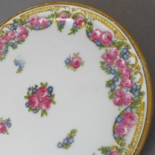 Antique Porcelain 7 " Trivet Teapot Stand Swags Of Pink Roses,  Fmns Gilt Trim
