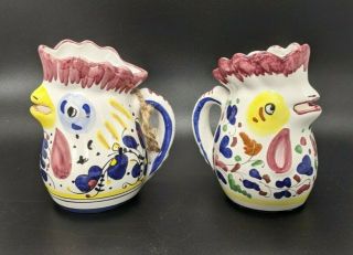 Deruta Italy Hand Painted Pottery Set Of 2 Small Rooster Creamer Mini Pitchers