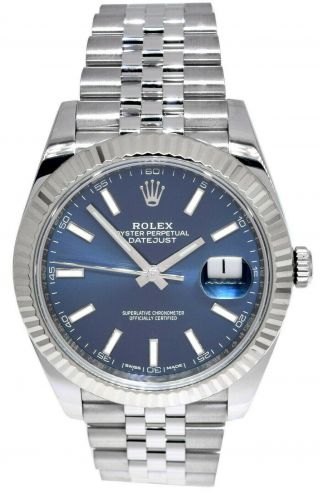 Rolex Datejust 41 Steel & 18k White Gold Blue Dial Watch & Box Papers 