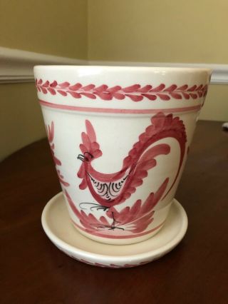 Hand Painted Flower Pot - Made Greece Rooster Design With Under Plate