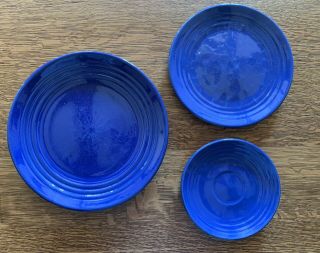 3 Vintage Bauer Pottery Ring Ware Cobalt Blue Plates 9 1/2 ",  8 ",  And 6 " Saucer