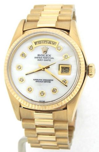 Mens Rolex Day - Date President 18k Yellow Gold Watch White Mop Diamond Dial 1803