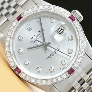 Mens Rolex Datejust Ruby Diamond 18k White Gold & Steel Quickset Watch 16014