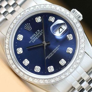 Mens Rolex Datejust Blue Diamond 18k White Gold & Stainless Steel Quickset Watch