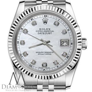 Rolex 36mm Datejust 18k White Gold & Ss White Mop Mother Of Pearl Diamond Dial