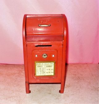 Old Vintage Us Post Office Tin Mailbox Coin Bank 7 " Tall Red Metal Japan Piggy