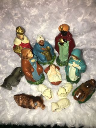 Vintage Hand Painted 12 Piece Nativity Set Made In Japan