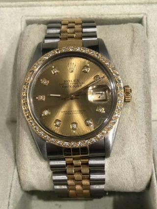 Rolex Ss &18k Gold 36mm Datejust Watch Champagne Diamond Dial With Diamond Bezel
