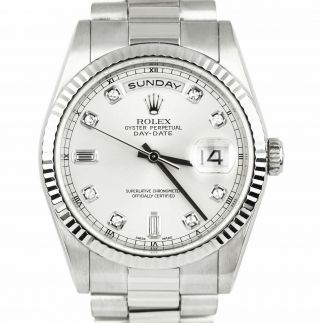 2001 Rolex Day - Date President 36mm 18k White Gold Silver Diamond Watch 118239