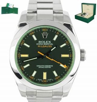 2018 Rolex Milgauss Green Black Orange 116400 Gv 40mm Stainless Steel Watch
