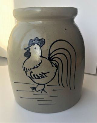Beaumont Brothers Pottery Crock With Salt Glaze,  Cobalt Blue Chicken Fired On