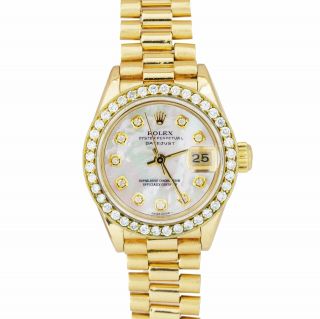 Rolex Datejust President 26mm Diamond Bezel White Mop Yellow Gold Watch 69178