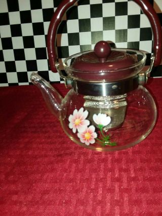 Vintage Glass Teapot With Floral Design Plastic Handle & Lid Metal Infuser