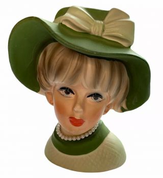 Vintage Lady Head Vase - Napcoware Napco C7494 - Green Hat - 6 "