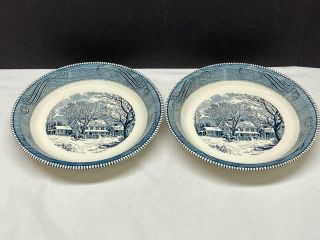 2 Royal China Currier & Ives Pie Plates Old Homestead Blue & White Winter