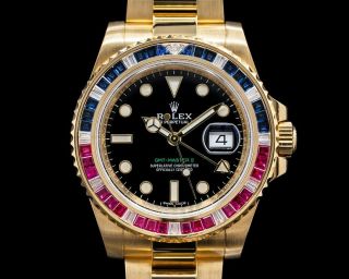 Rolex Gmt Master Ii 116748saru Yellow Gold Sapphire / Ruby Bezel Box,  Papers