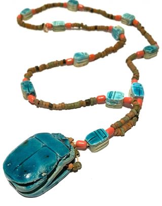 Vintage Egyptian Style Scarab Hand Crafted Artisan Clay Beaded Pendant Necklace