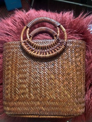 Vintage Wicker,  Leather,  Plastic Lining Purse Picnic Basket Style Hong Kong