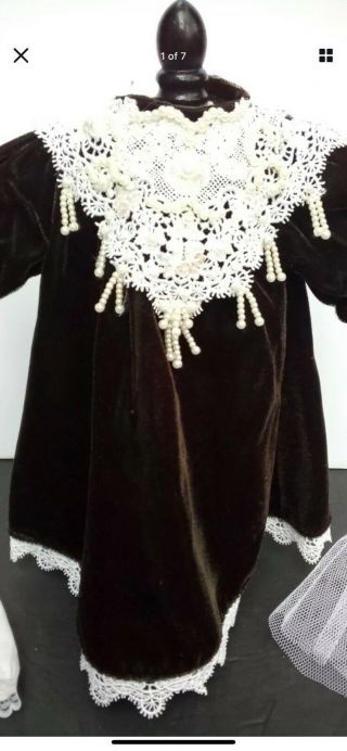Dark Brown Velvet Dress For Antique,  Bru,  French,  German Or Artist Doll 15 - 16 "
