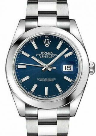 Rolex Datejust 41 Steel Blue Index Dial Oyster Bracelet Mens Watch 