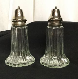 Salt Pepper Shakers Vintage Clear Glass With Metal Top 6 Inches Tall Elegant