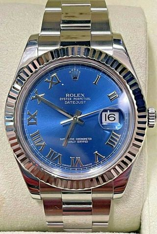 Rolex Datejust Ii 41mm 18kw Gold Fluted Bezel Oyster Band Blue Roman Dial