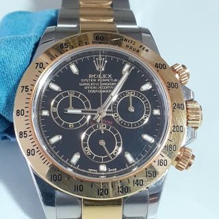 Rolex Daytona Two Tone 18k Yellow Gold Black Dial Watch 116523 Scrambled Serial