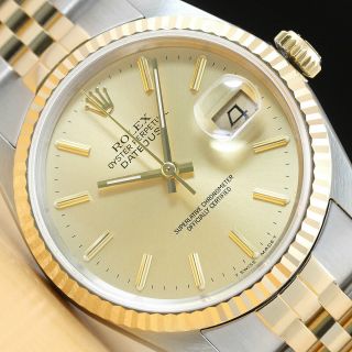 Rolex Mens Datejust 16233 Champagne Dial 18k Yellow Gold & Steel Watch
