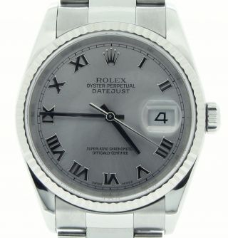 Rolex Datejust Mens Stainless Steel 18k White Gold Watch Silver Roman Dial 16234