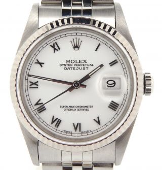 Rolex Datejust Mens Stainless Steel & 18k White Gold W/ White Roman Dial 16234