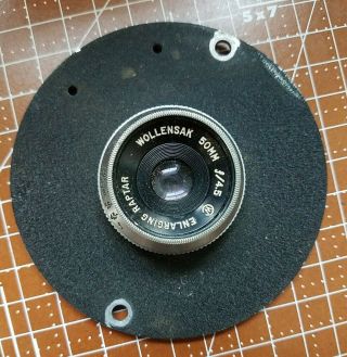 Vintage Wollensak Enlarging Raptar 50mm F/4.  5 Lens On 3.  5 Inch Round Board