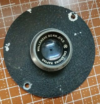 Vintage Wollensak Enlarging Raptar 90mm F/4.  5 Lens On 3.  5 Inch Round Board