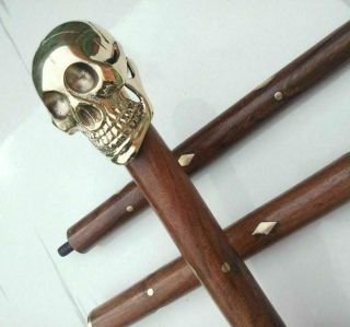 Vintage Brass Skull Head Handle Wooden Walking Stick Cane In 3 Folds