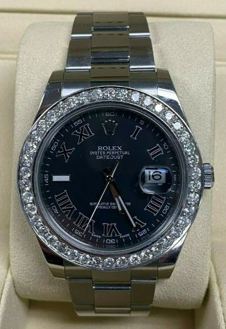 Rolex 41mm Datejust Ii Stainless Steel Watch Custom Set Diamond Bezel 116300