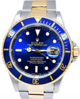 Rolex Submariner 18k Yg & Ss Blue Dial 40mm Automatic Watch Box L 16613