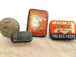 4 Misc.  Vintage Advertising Tins - Acme Glass Fuses,  Kem Fusesej Swigart Co,  Cincy,