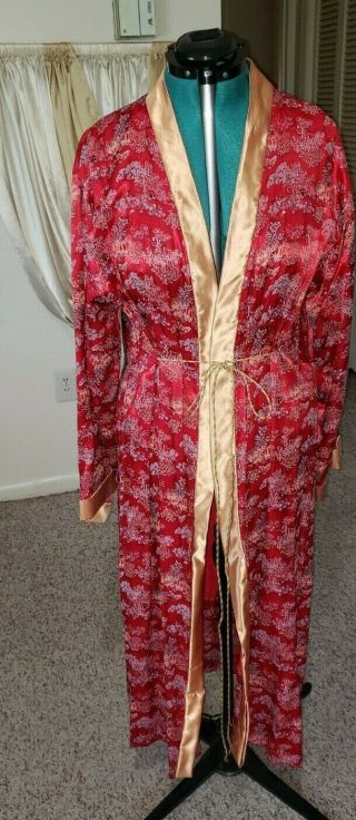 Vintage Robe Dressing Gown W/obi Japanese Motif Red Silk Gold Satin Trim Unisex